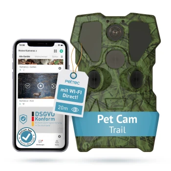 Ein Smartphone zeigt die PetCam-App neben einer grün camouflierte Pet Cam mit der Aufschrift "Pet Cam Trail" und "mit WI-FI Direct!" und 20m Reichweite.