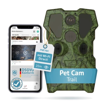 Ein Smartphone zeigt die PetCam-App neben einer grün camouflierte Pet Cam mit der Aufschrift "Pet Cam Trail" und "mit WI-FI Direct!" und 20m Reichweite.