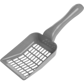 Graue Kunststoff-Katzenstreuschaufel mit einem geschlitzten Design für einfache Reinigung, mit einem bequemen Griff.