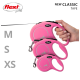 Pink flexi retractable dog leashes in three sizes (XS, S, M) displayed with a hand holding the M size.