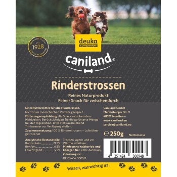 Verpackung für Caniland Rinderstrossen Hundeleckerlis, mit zwei Hunden, die mit einem Ball spielen, und Text, der Produktinformationen und Zutaten beschreibt.