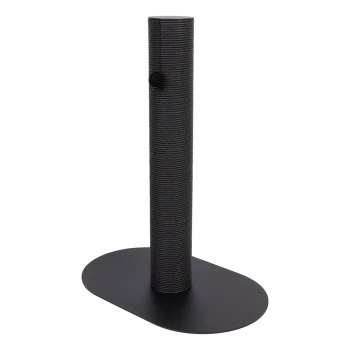 Schwarzer Kratzbaum für Katzen mit einer strukturierten zylindrischen Oberfläche und einer runden Basis, mit einem kleinen Pom-Pom-Spielzeug befestigt.