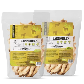 Zwei Tüten "Lammohren" Hundeleckerlis, gekennzeichnet als Premiumqualität, 100% Naturprodukt, jede mit 450g.