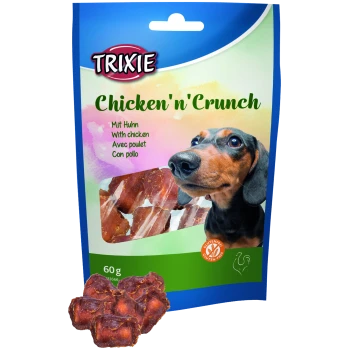 Bunte Trixie Chicken'n'Crunch Hundeleckerlipackung mit dem Gesicht eines Dackels, beschriftet mit "Mit Huhn", "Glutenfrei" und 60g.