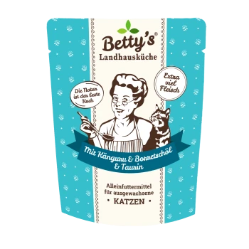 Betty's Landhausküche türkiser Katzenfutterbeutel, Motiv einer Köchin mit Katzenillustration; sichtbarer Text 'Extra viel Fleisch' und 'KATZEN'