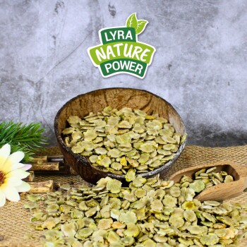 Eine Holzschüssel mit grünen Tierfutterflocken steht auf einer strukturierten Oberfläche, mit einigen verstreuten Flocken in der Nähe und einem "LYRA NATURE POWER" Logo darüber.