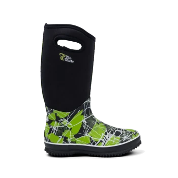 Schwarzer und grüner gummierter Stiefel mit Muster und einem Griff, mit dem Logo "Two Tracks" an der Seite.