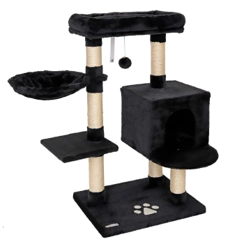 Schwarzer Katzenbaum mit mehreren Ebenen, einer gemütlichen Hängematte, einem würfelförmigen Versteck und einem baumelnden Spielzeug, mit einem Pfotenabdruckdesign an der Basis.