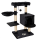 Schwarzer Katzenbaum mit mehreren Ebenen, einer gemütlichen Hängematte, einem würfelförmigen Versteck und einem baumelnden Spielzeug, mit einem Pfotenabdruckdesign an der Basis.