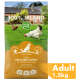 Hundefutter-Tüte beschriftet mit "100% Irland", mit einem weißen Huhn und einer braunen Henne auf einem grünen Feld, "Erwachsene 1,5 kg", "Freiland-Huhn mit Gemüse & Kelp."