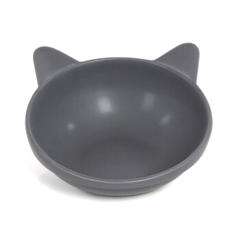 Graue katzenförmige Haustierschüssel mit spitzen Ohren, mit einem glatten, abgerundeten Inneren.