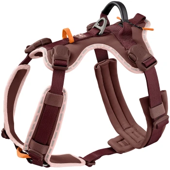 Weinrotes, gepolstertes Hundegeschirr mit rosa Einfassung, schwarzem Griff, Metall-D-Ring, orangefarbenen Zuglaschen; HUNTER-Logo auf den Schnallen.