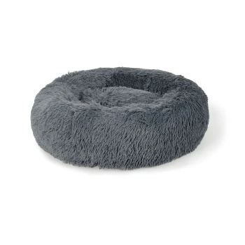 Lit rond confortable pour animaux en doux pelage gris, conçu pour le confort et la chaleur. Idéal pour les chiens ou les chats pour se blottir et se reposer.