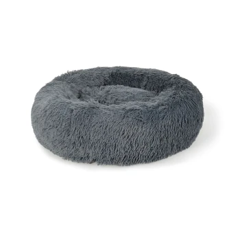 Lit rond confortable pour animaux en doux pelage gris, conçu pour le confort et la chaleur. Idéal pour les chiens ou les chats pour se blottir et se reposer.