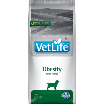 VetLife Obesity Hundefutterbeutel, 2 kg, mit einer Silhouette eines Hundes und dem Text 'Futter für Hunde' und 'Fettleibigkeit.'