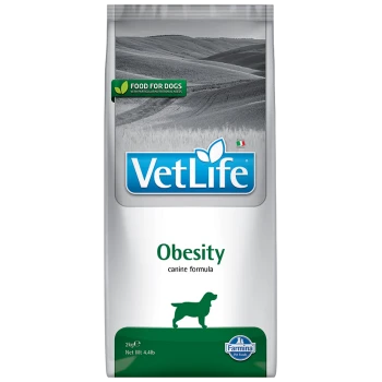 Torba z karmą dla psów VetLife Obesity, 2 kg, z sylwetką psa i tekstem "Karma dla psów" oraz "Otyłość."