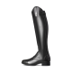 Schwarzer Reitstiefel mit schlankem Design, mit einem seitlichen Reißverschluss und dekorativer Schnürung auf der Vorderseite.