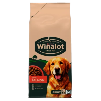 Winalot Purina adult dog food bag featuring a golden retriever, With Salmon, Adult 2 kg, Since 1927