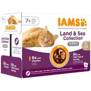 IAMS Land & Sea Collection Katzenfutterkarton mit Bild einer orangefarbenen Katze; 6× mit Huhn und 6× Wild-Thunfisch & Hering, in Soße.