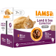 Pudełko karmy dla kotów IAMS Land & Sea Collection z wizerunkiem pomarańczowego kota; 6× z kurczakiem i 6× z dzikim tuńczykiem i śledziem, w sosie.