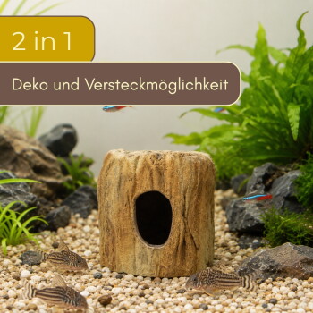 Aquarium-Baumstumpf-Versteck auf Kies mit Corydoras und Tetras; Text: '2 in 1' und 'Deko und Versteckmöglichkeit'