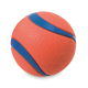 Helle orangefarbene Gummihundeball mit blauen Streifen, mit dem eingeprägten Text "Chuckit!" auf der Oberfläche.