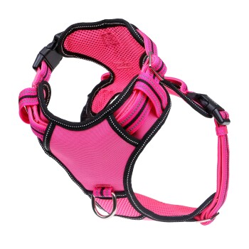 Ein leuchtend pinkes Hundegeschirr mit einem Netzdesign, das verstellbare Riemen und einen metallenen D-Ring für die Leinenbefestigung bietet.