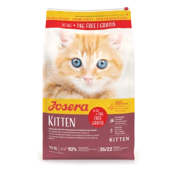 Josera Kitten Katzenfutterbeutel mit Nahaufnahme eines orangefarbenen Kätzchens, 10 kg + 1 kg gratis, Lachsöl-Formel.