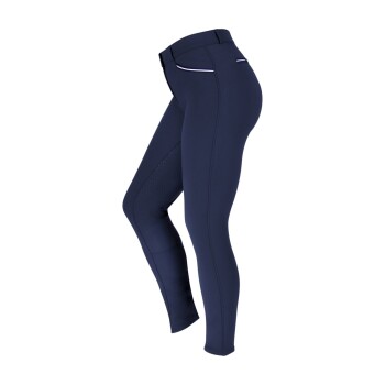 Marineblaue Reitleggings mit hohem Bund, ausgestattet mit einem strukturierten Grip-Bereich an der Innenseite des Oberschenkels und weißen Paspel-Details.