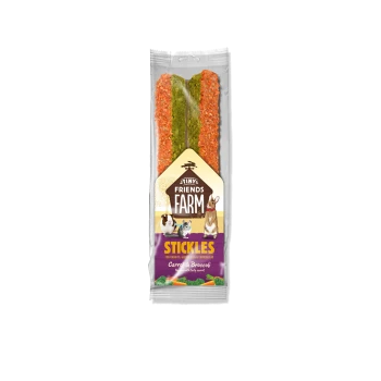 Tiny Friends Farm Stickles carrot and broccoli treats for rabbits, guinea pigs, and chinchillas in clear packaging.
