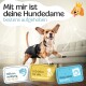 Beagle in einem schwarzen Mantel mit Merkmalen: "Bester Komfort für Ihren Hund", "super saugfähig", "5 Größen", "3 Anpassungen", "weiche Fütterung."