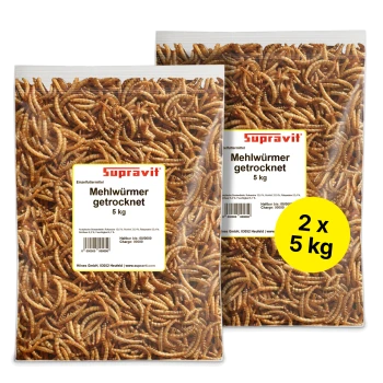 Beutel mit getrockneten Mehlwürmern, 10 kg, von Supravit, beschriftet mit Nährwertangaben und Volumenäquivalenz.