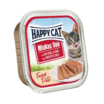 Happy Cat Minkas Duo Hundefutterverpackung mit einer verspielten Katze, die sich die Lippen leckt, mit Text, der Geflügel- und Rindfleischzutaten angibt.