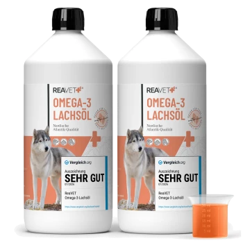 Zwei Flaschen ReaVET Omega-3-Fischöl für Hunde, mit einem sibirischen Husky auf dem Etikett, neben ihnen steht ein Messbecher.