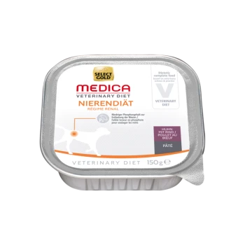 Diätetische Tierfutterverpackung mit der Aufschrift "Select Gold Medica Veterinary Diet Nierendiät" für die Nierengesundheit, mit einer 150g Portion Pâté mit Rindfleisch.