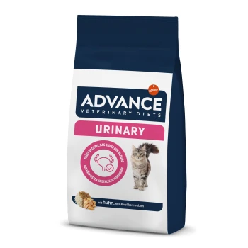 Eine Tüte Advance Veterinary Diets Urinary Katzenfutter mit einem Katzenbild und Text zu den Vorteilen für die Harnwegsgesundheit und Zutaten wie Huhn und Reis.