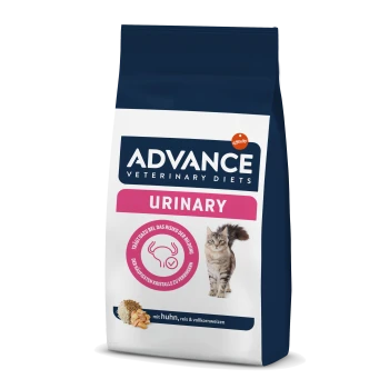 Eine Tüte Advance Veterinary Diets Urinary Katzenfutter mit einem Katzenbild und Text zu den Vorteilen für die Harnwegsgesundheit und Zutaten wie Huhn und Reis.