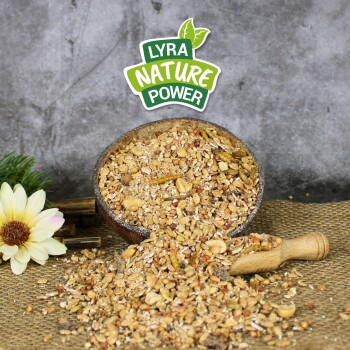 Eine Holzschüssel mit gemischten Samen und Körnern, einige fallen heraus, mit einer Schaufel daneben und "LYRA NATURE POWER" darüber.