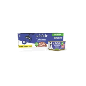 Schesir kattenvoer in gelei, blik en doos met het opschrift 'IN JELLY' en '100% NATURAL FILLETS.'