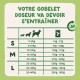 Infographie de magasin pour animaux indiquant «VOTRE GOBELET DOSEUR VA DEVOIR S'ENTRAÎNER» avec un tableau d'alimentation S/M/L kg→g, silhouettes d'animaux et icône 24h.