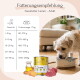 Dose mit Haustierfutter, beschriftet mit "Lamm", mit Lamm, Süßkartoffel, Karotte und Leinsamenöl; behauptet 100% Geschmack und allergiefreundlich.