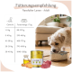 Dose mit Haustierfutter, beschriftet mit "Lamm", mit Lamm, Süßkartoffel, Karotte und Leinsamenöl; behauptet 100% Geschmack und allergiefreundlich.