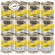 Zwölf Dosen DOGS'n TIGER Hundefutter, beschriftet mit 'Schlemmer-Menü', mit Huhn, Lachs und Karotten, mit einem Qualitätssiegel von FutterTester.de.