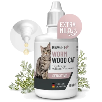 Tropfflasche REAVET+ Worm Wood Cat Sensitive Tropfen mit Katzenetikett, Tropfspitze, Badge ‚Extra Mild‘, Kräuterzweigen, 50 ml.