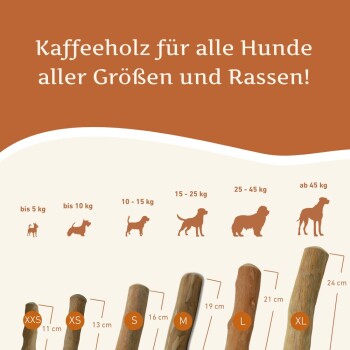 Größentabelle für Hundespielzeuge: XXS (11 cm), XS (13 cm), S (16 cm), M (19 cm), L (21 cm), XL (24 cm) für alle Rassen und Größen.