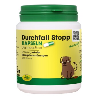 Behälter mit cdVet Durchfall Stopp Plus Kapseln, mit einem grünen Deckel und einem gelben Etikett mit dem Text "Durchfall Stopp Plus" und "100% NATUR."