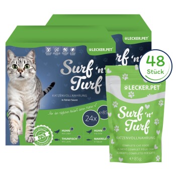 Lecker.Pet Surf'n'Turf Pouches Katzenfutter in feiner Sauce Nassfutter 4er Mix Multipack