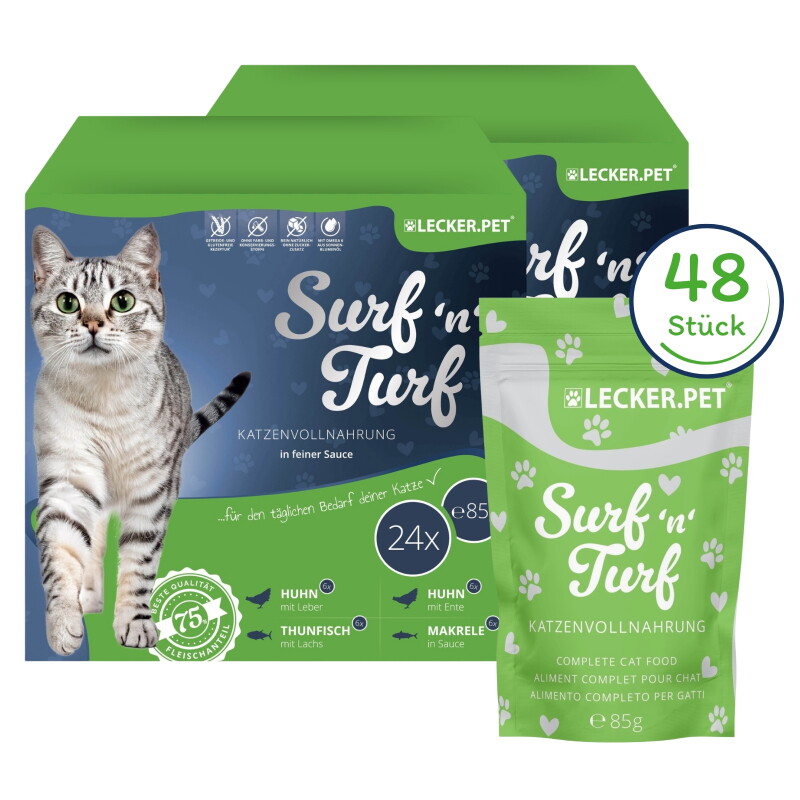 Lyra Pet Lecker.Pet Surf'n'Turf Pouches Katzenfutter in feiner Sauce Nassfutter 4er Mix Multipack 48x85 g