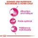 Image promouvant une nutrition personnalisée pour les chats, avec des icônes pour "Attraction aromatique," "Poids optimal," et "Préférence individuelle."