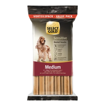 Select Gold Sensitive dental snacks value pack bag for Medium dogs (11–25 kg), shows cocker spaniel and biscuit sticks